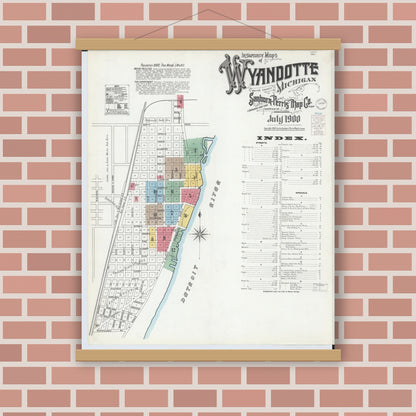 Old map wall art mockup — magnetic wood frame on brick wall — Sanborn Fire Insurance Map from Wyandotte, Wayne County, Michigan (1900), Sheet #0001