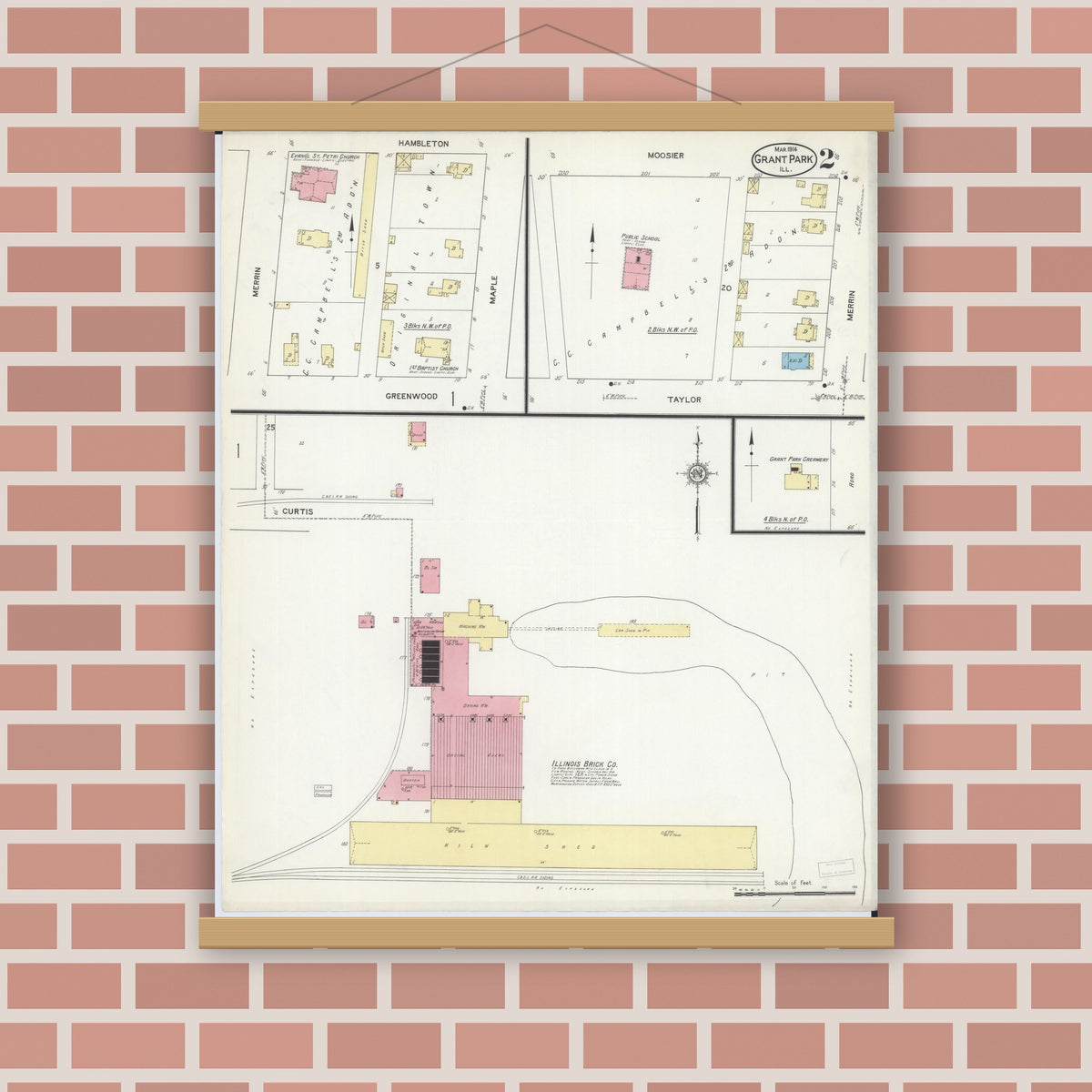 Old map wall art mockup — magnetic wood frame on brick wall — Sanborn Fire Insurance Map from Grant Park, Kankakee County, Illinois (1914), Sheet #0002