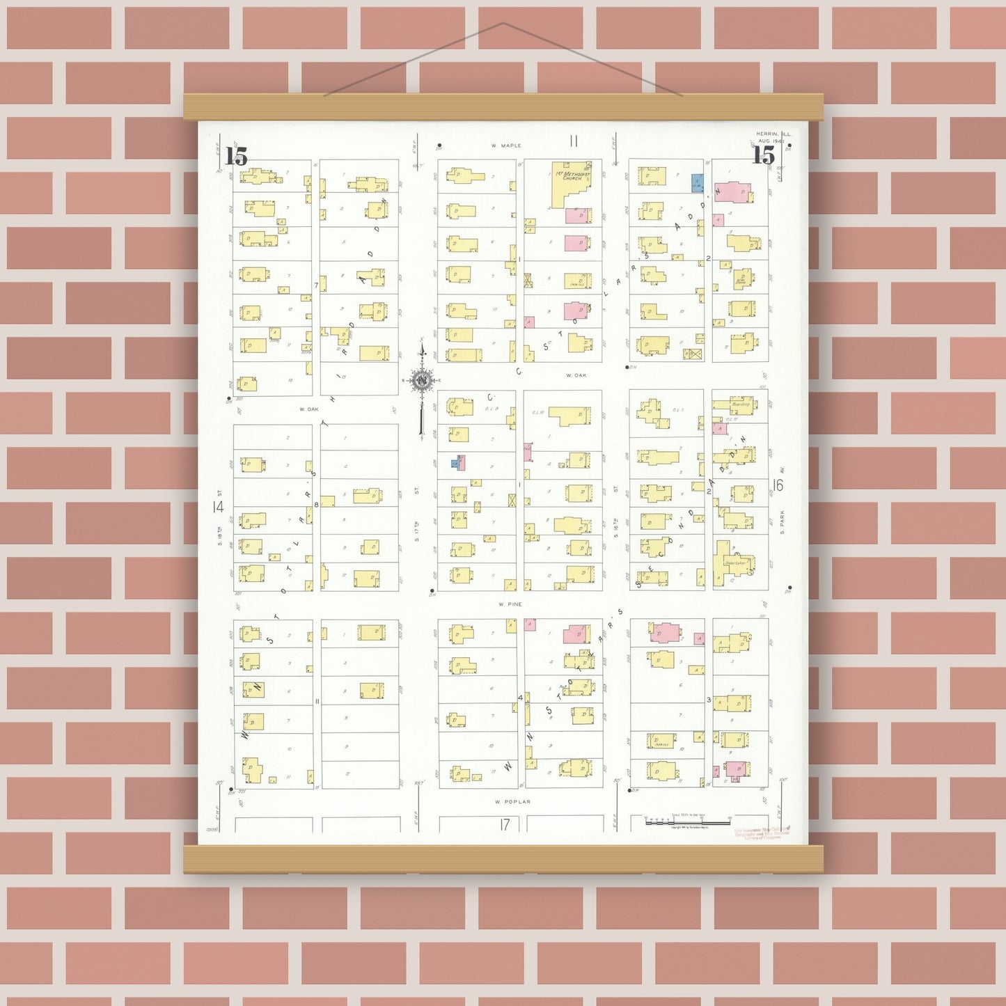 Old map wall art mockup — magnetic wood frame on brick wall — Sanborn Fire Insurance Map from Herrin, Williamson County, Illinois (1941), Sheet #0015