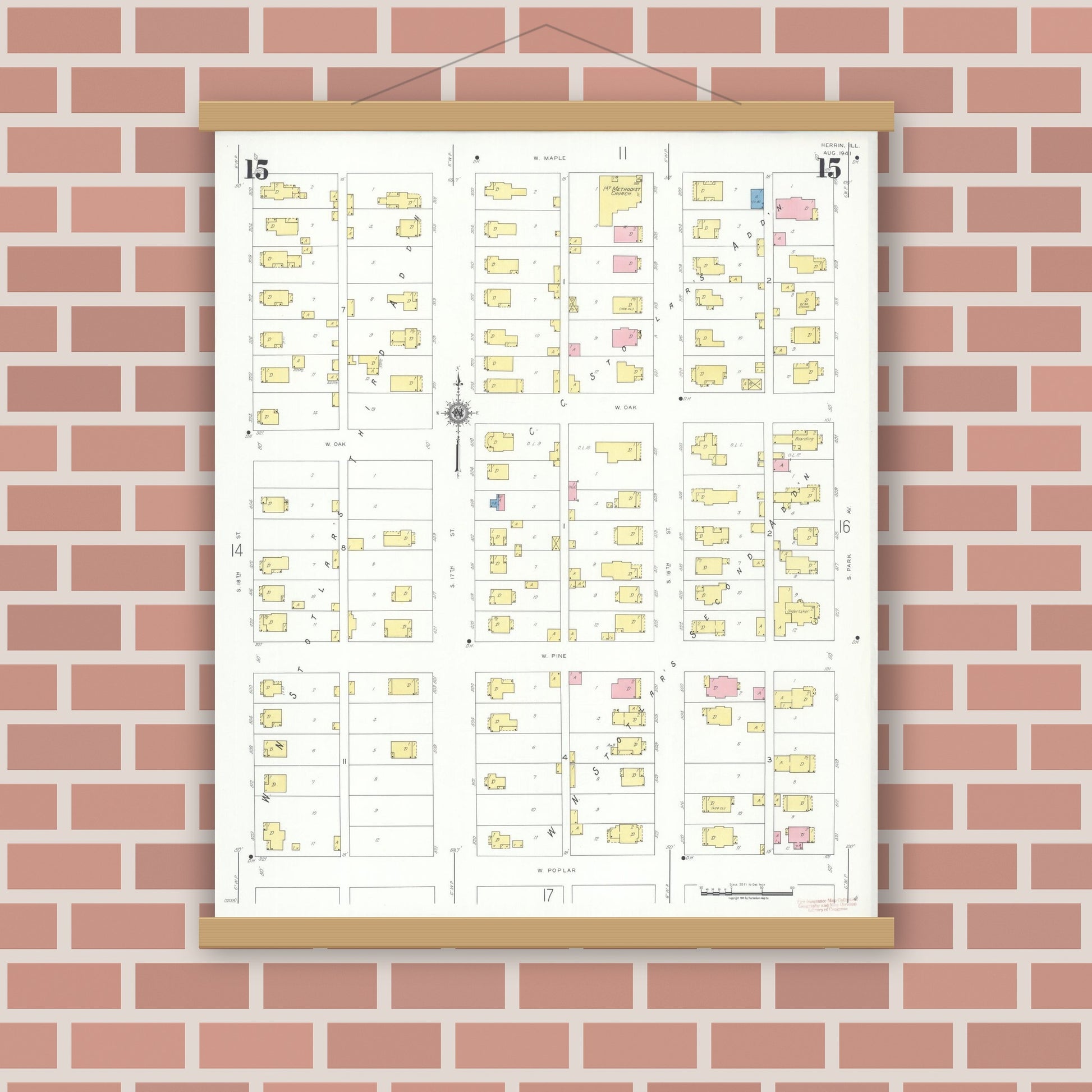 Old map wall art mockup — magnetic wood frame on brick wall — Sanborn Fire Insurance Map from Herrin, Williamson County, Illinois (1941), Sheet #0015