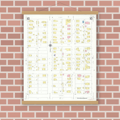 Old map wall art mockup — magnetic wood frame on brick wall — Sanborn Fire Insurance Map from Herrin, Williamson County, Illinois (1941), Sheet #0015