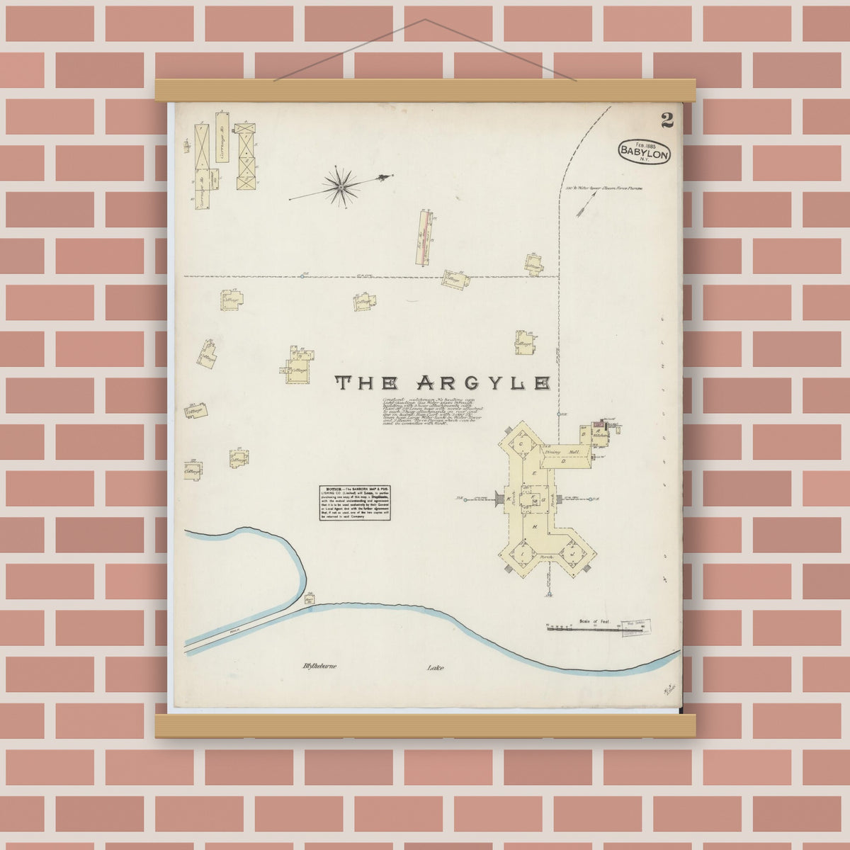 Old map wall art mockup — magnetic wood frame on brick wall — Sanborn Fire Insurance Map from Babylon, Suffolk County, New York (1885), Sheet #0002