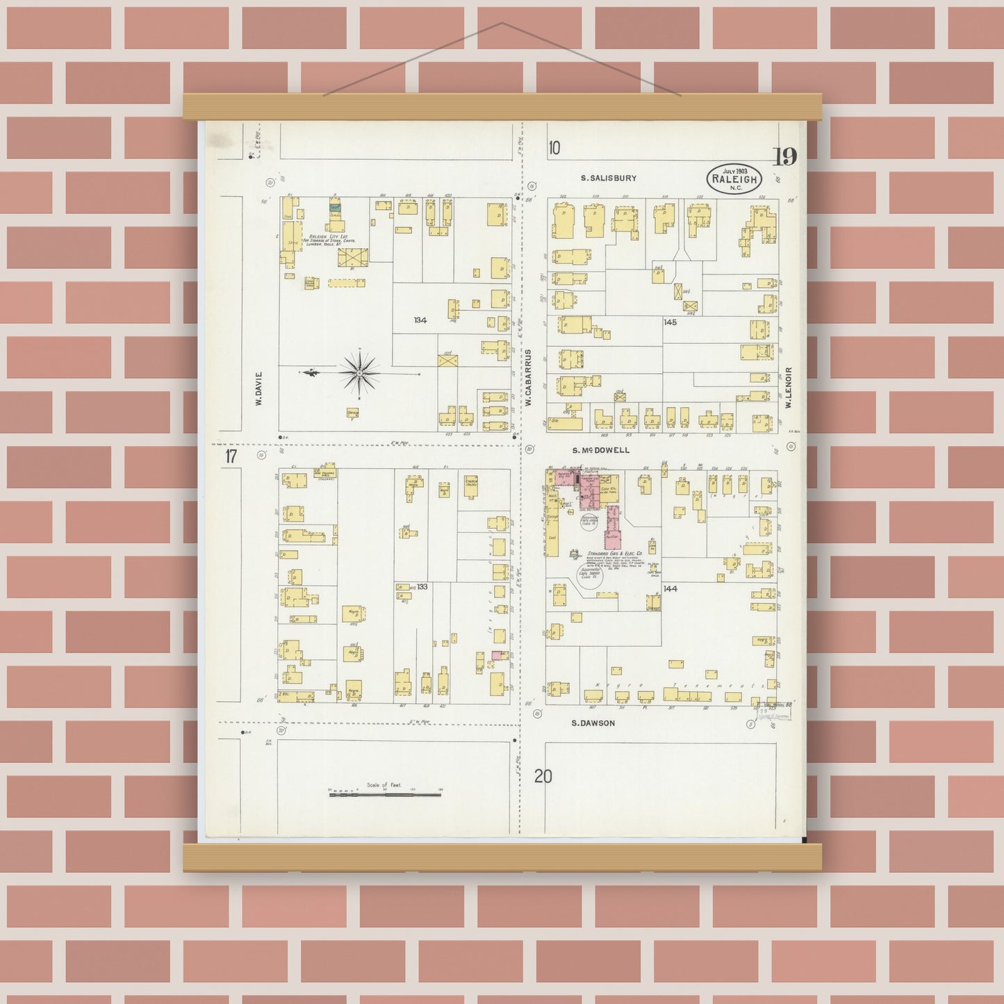 Old map wall art mockup — magnetic wood frame on brick wall — Sanborn Fire Insurance Map from Raleigh, Wake County, North Carolina (1903), Sheet #0019