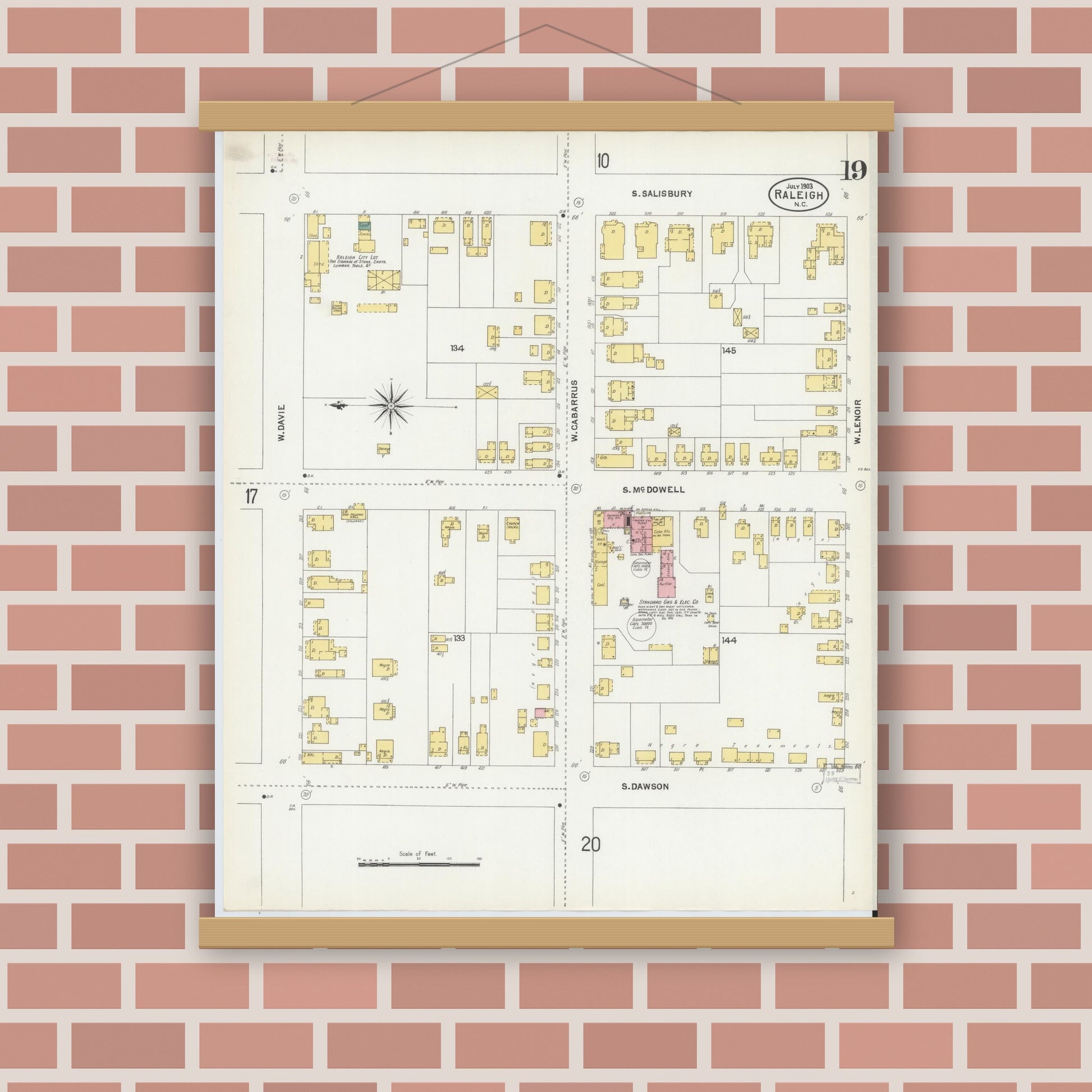 Old map wall art mockup — magnetic wood frame on brick wall — Sanborn Fire Insurance Map from Raleigh, Wake County, North Carolina (1903), Sheet #0019