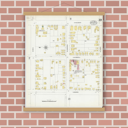 Old map wall art mockup — magnetic wood frame on brick wall — Sanborn Fire Insurance Map from Raleigh, Wake County, North Carolina (1903), Sheet #0019