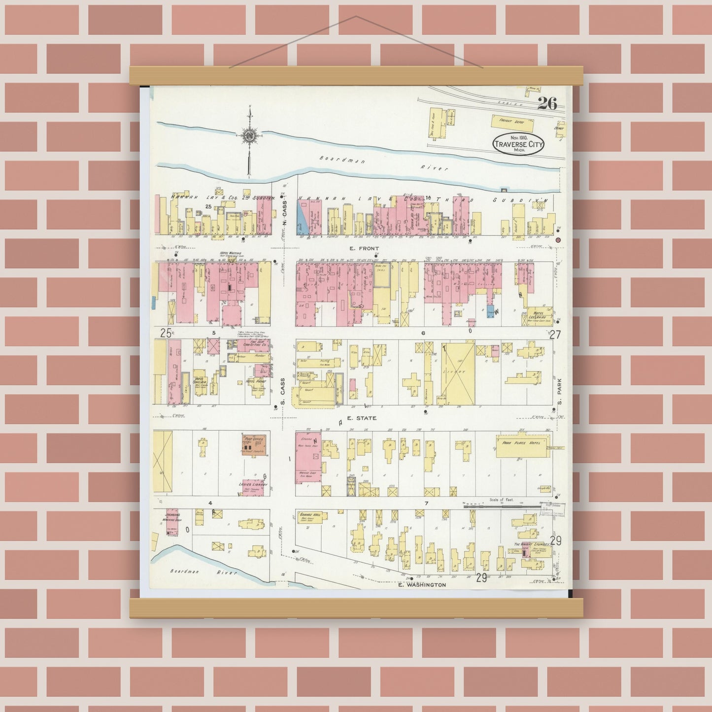 Old map wall art mockup — magnetic wood frame on brick wall — Sanborn Fire Insurance Map from Traverse City, Grand Traverse County, Michigan (1910), Sheet #0026