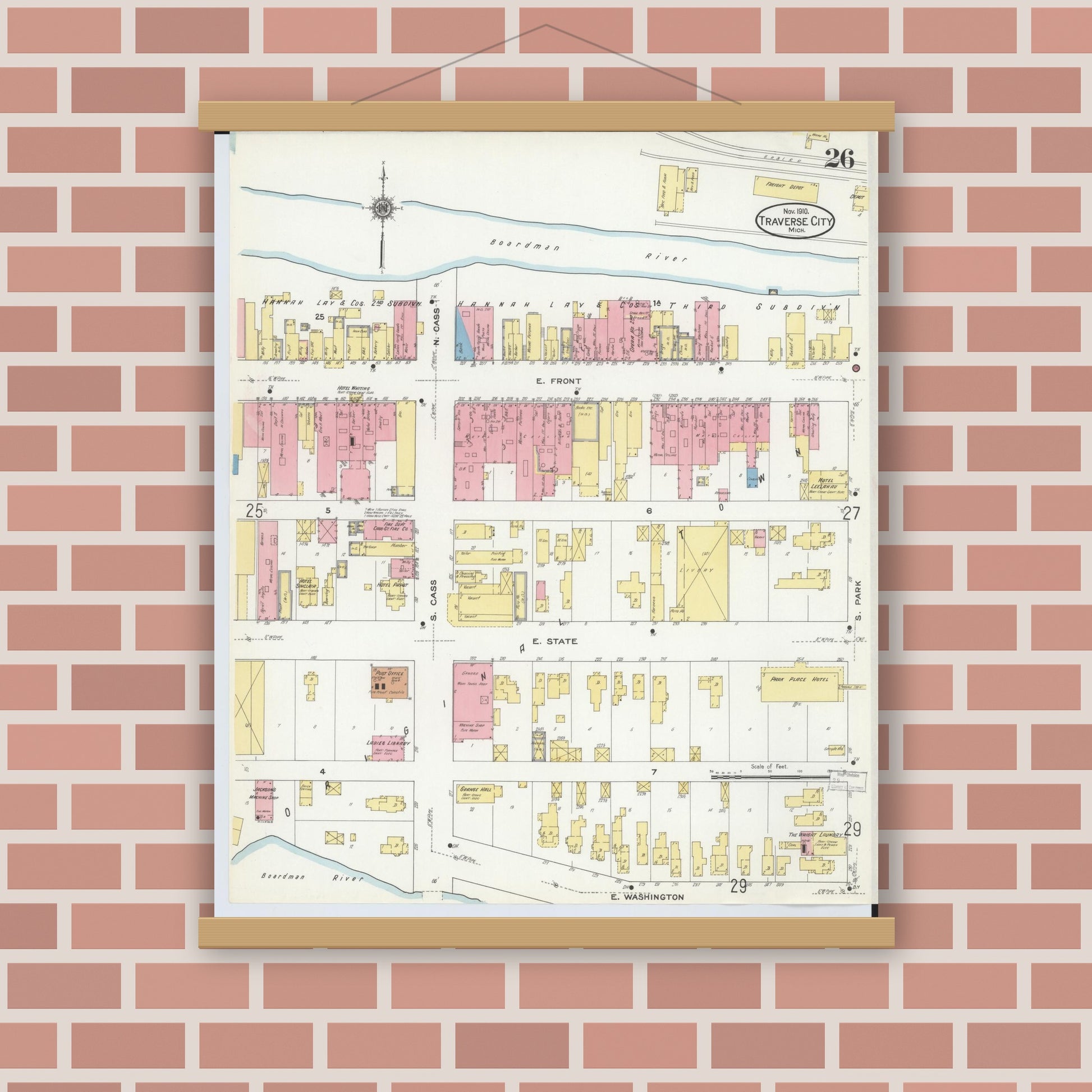 Old map wall art mockup — magnetic wood frame on brick wall — Sanborn Fire Insurance Map from Traverse City, Grand Traverse County, Michigan (1910), Sheet #0026