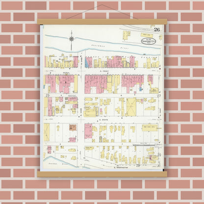 Old map wall art mockup — magnetic wood frame on brick wall — Sanborn Fire Insurance Map from Traverse City, Grand Traverse County, Michigan (1910), Sheet #0026