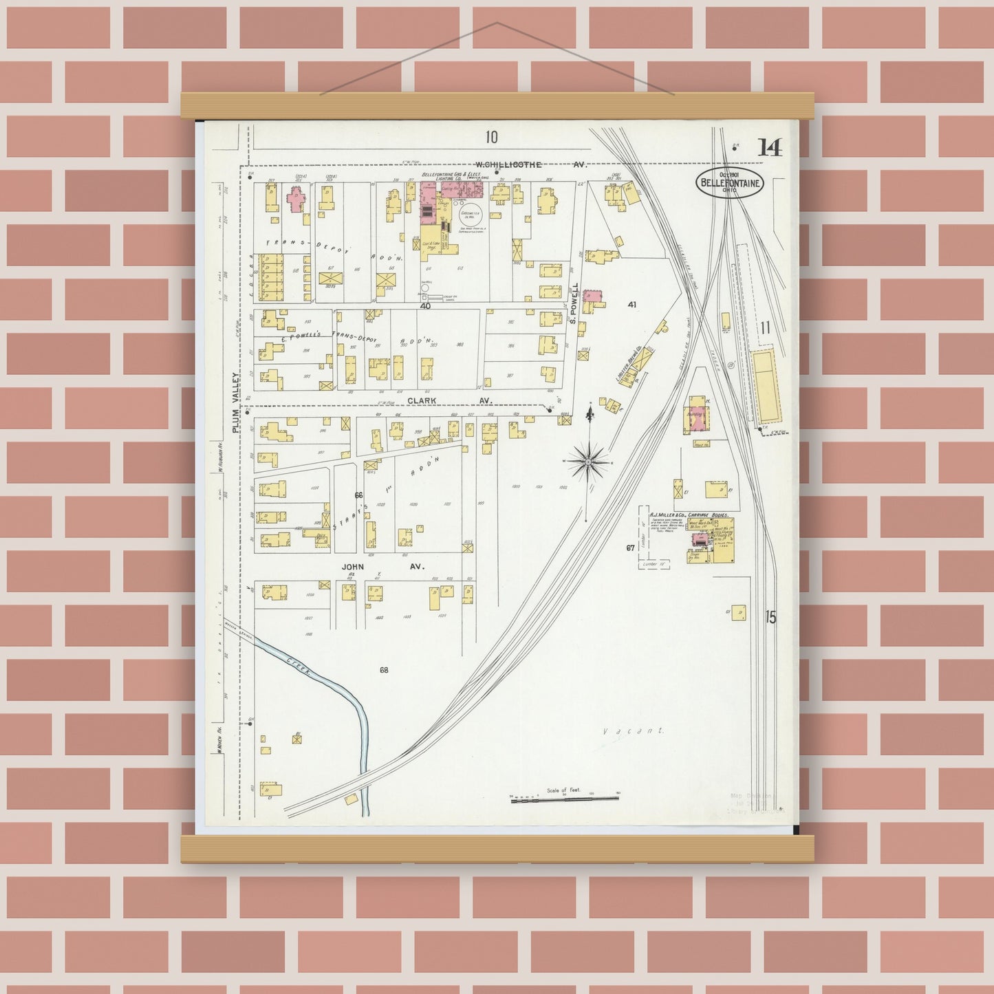 Old map wall art mockup — magnetic wood frame on brick wall — Sanborn Fire Insurance Map from Bellefontaine, Logan County, Ohio (1901), Sheet #0014