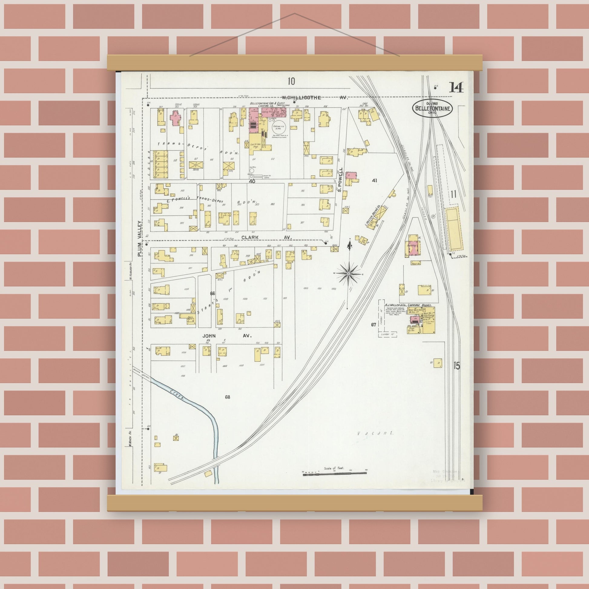 Old map wall art mockup — magnetic wood frame on brick wall — Sanborn Fire Insurance Map from Bellefontaine, Logan County, Ohio (1901), Sheet #0014