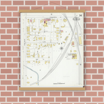 Old map wall art mockup — magnetic wood frame on brick wall — Sanborn Fire Insurance Map from Bellefontaine, Logan County, Ohio (1901), Sheet #0014
