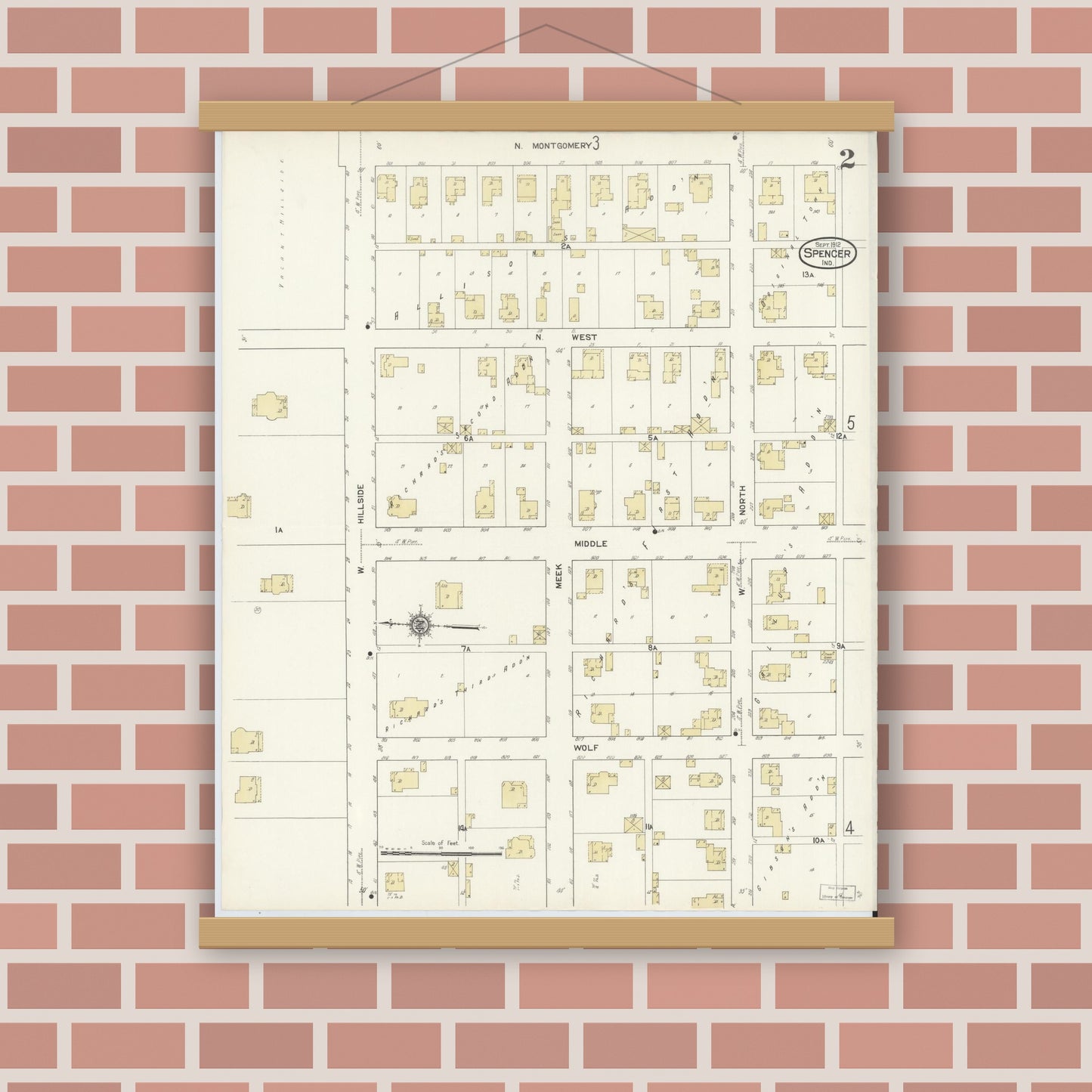 Old map wall art mockup — magnetic wood frame on brick wall — Sanborn Fire Insurance Map from Spencer, Owen County, Indiana (1912), Sheet #0002
