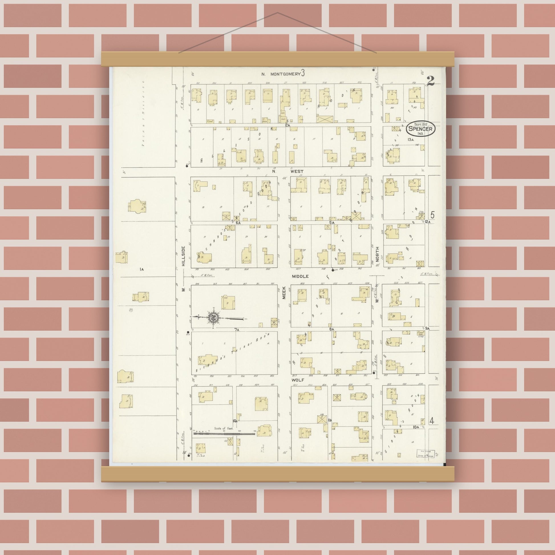 Old map wall art mockup — magnetic wood frame on brick wall — Sanborn Fire Insurance Map from Spencer, Owen County, Indiana (1912), Sheet #0002