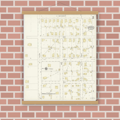 Old map wall art mockup — magnetic wood frame on brick wall — Sanborn Fire Insurance Map from Spencer, Owen County, Indiana (1912), Sheet #0002