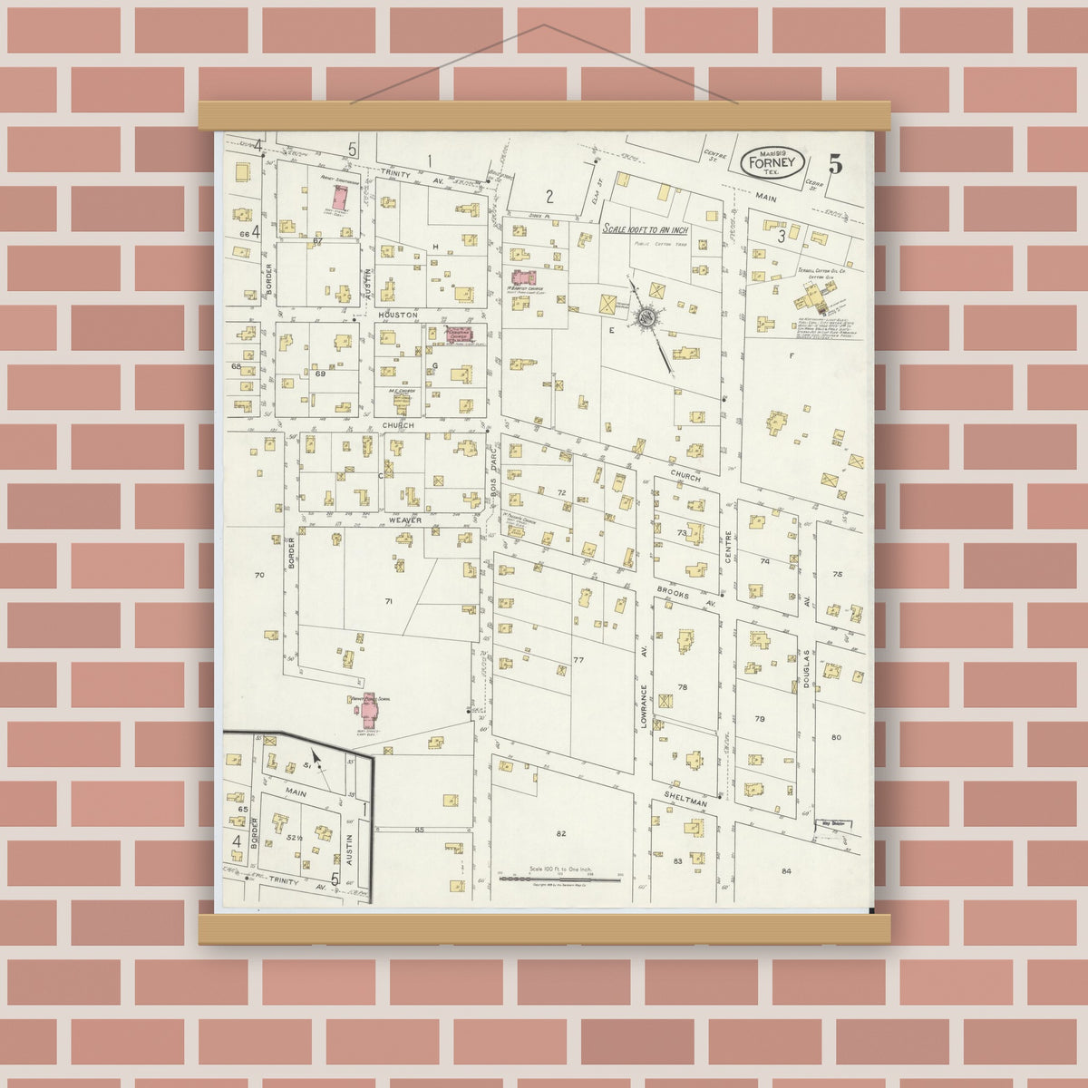Old map wall art mockup — magnetic wood frame on brick wall — Sanborn Fire Insurance Map from Forney, Kaufman County, Texas (1919), Sheet #0005