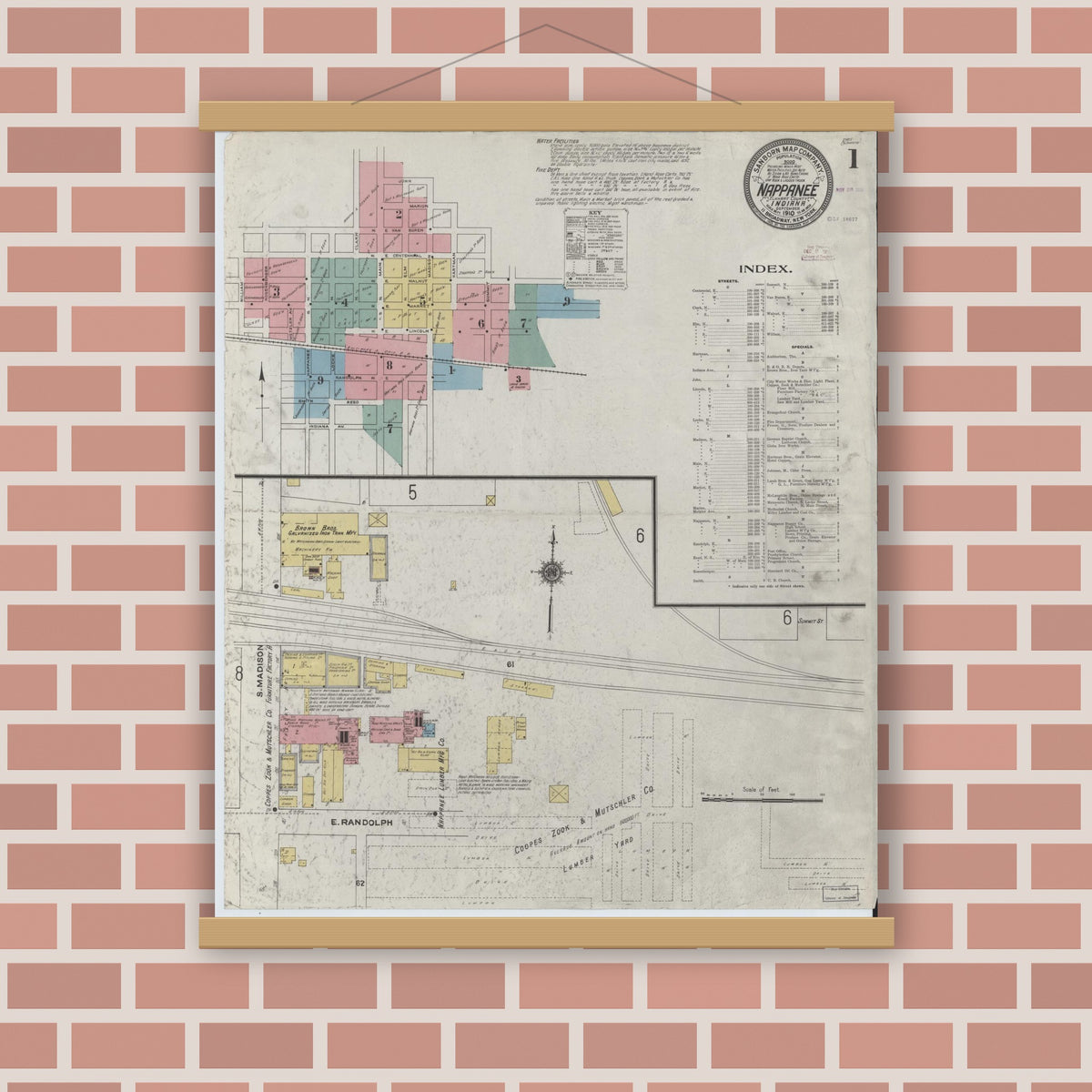 Old map wall art mockup — magnetic wood frame on brick wall — Sanborn Fire Insurance Map from Nappanee, Elkhart County, Indiana (1910), Sheet #0001