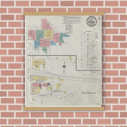 Old map wall art mockup — magnetic wood frame on brick wall — Sanborn Fire Insurance Map from Nappanee, Elkhart County, Indiana (1910), Sheet #0001