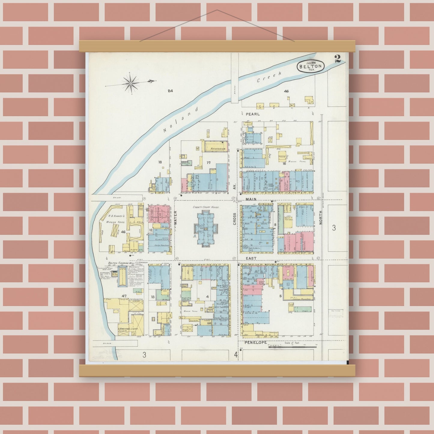 Old map wall art mockup — magnetic wood frame on brick wall — Sanborn Fire Insurance Map from Belton, Bell County, Texas (1896), Sheet #0002