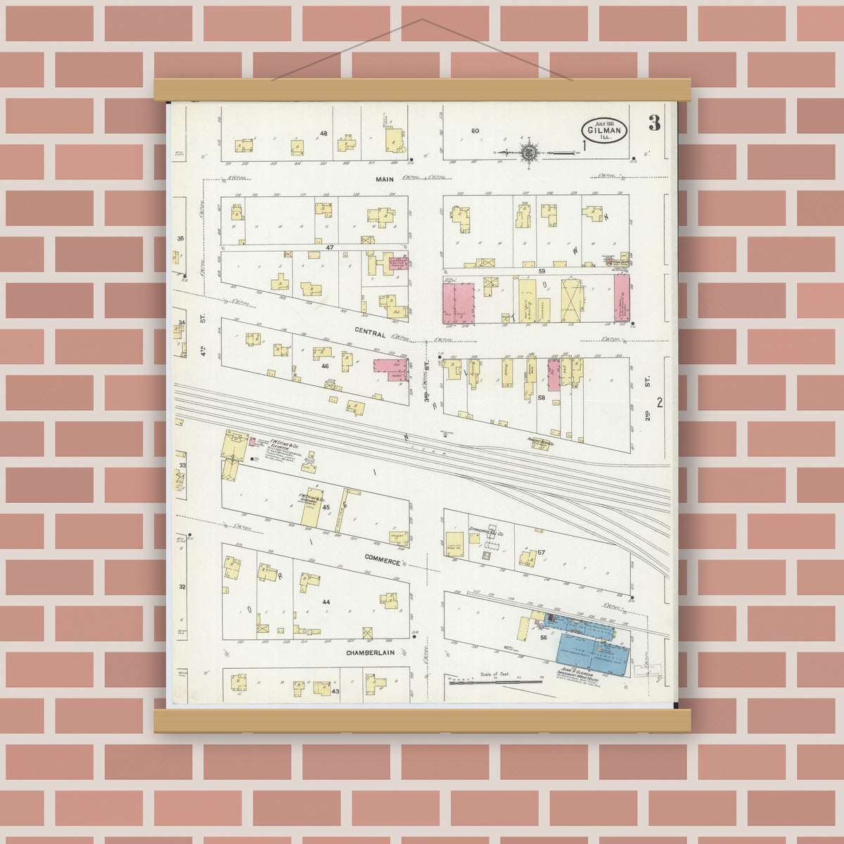 Old map wall art mockup — magnetic wood frame on brick wall — Sanborn Fire Insurance Map from Gilman, Iroquois County, Illinois (1911), Sheet #0003