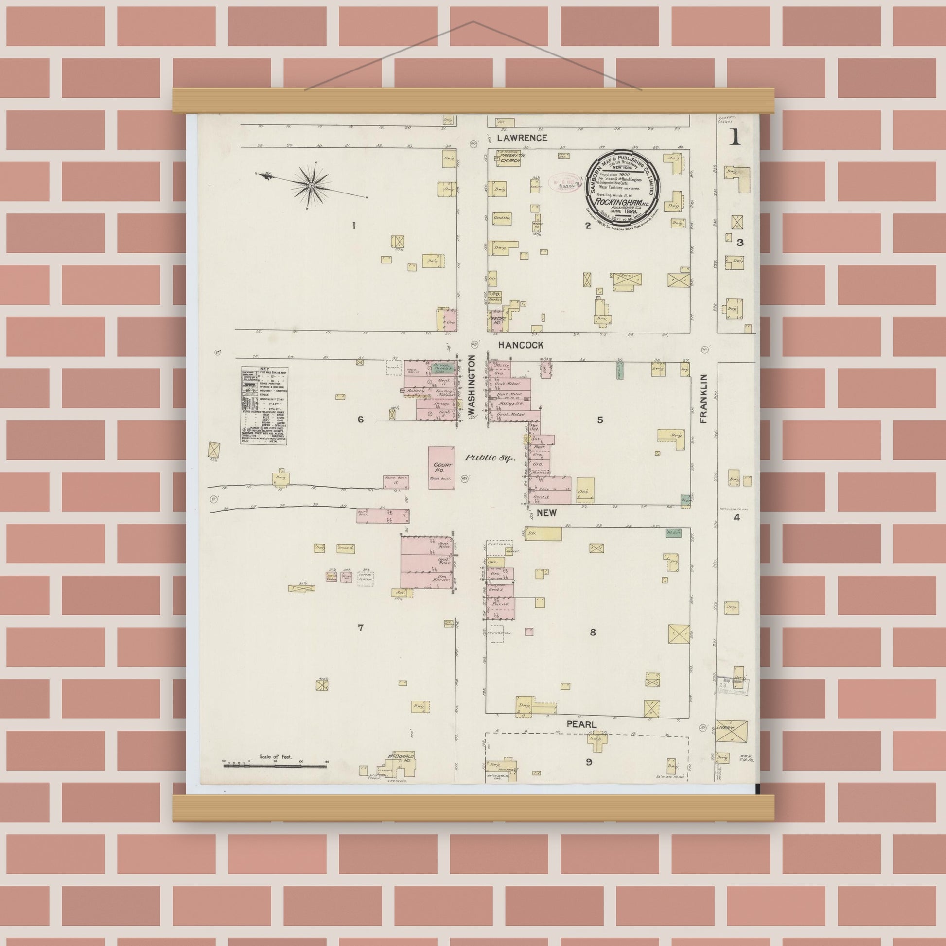 Old map wall art mockup — magnetic wood frame on brick wall — Sanborn Fire Insurance Map from Rockingham, Richmond County, North Carolina (1889), Sheet #0001