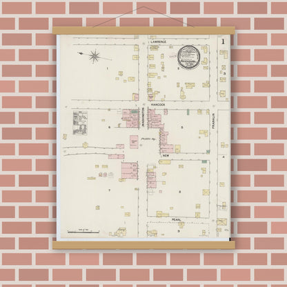 Old map wall art mockup — magnetic wood frame on brick wall — Sanborn Fire Insurance Map from Rockingham, Richmond County, North Carolina (1889), Sheet #0001