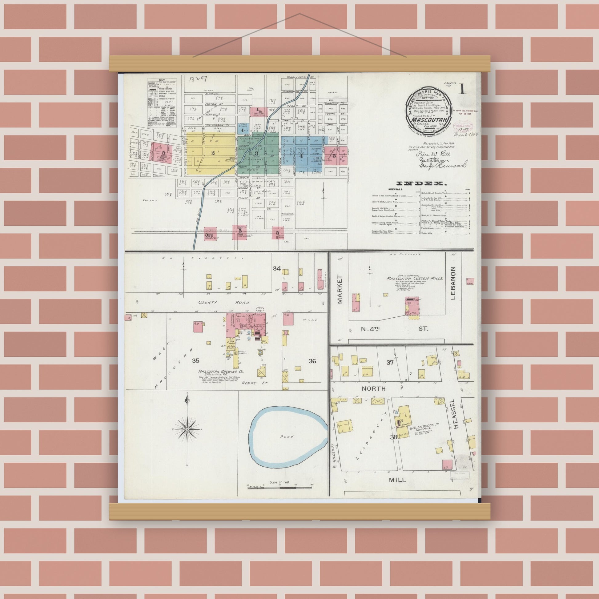 Old map wall art mockup — magnetic wood frame on brick wall — Sanborn Fire Insurance Map from Mascoutah, Saint Clair County, Illinois (1894), Sheet #0001