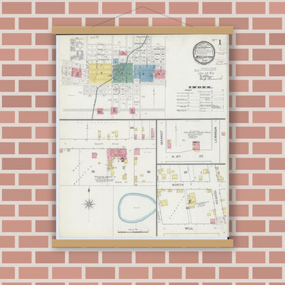 Old map wall art mockup — magnetic wood frame on brick wall — Sanborn Fire Insurance Map from Mascoutah, Saint Clair County, Illinois (1894), Sheet #0001