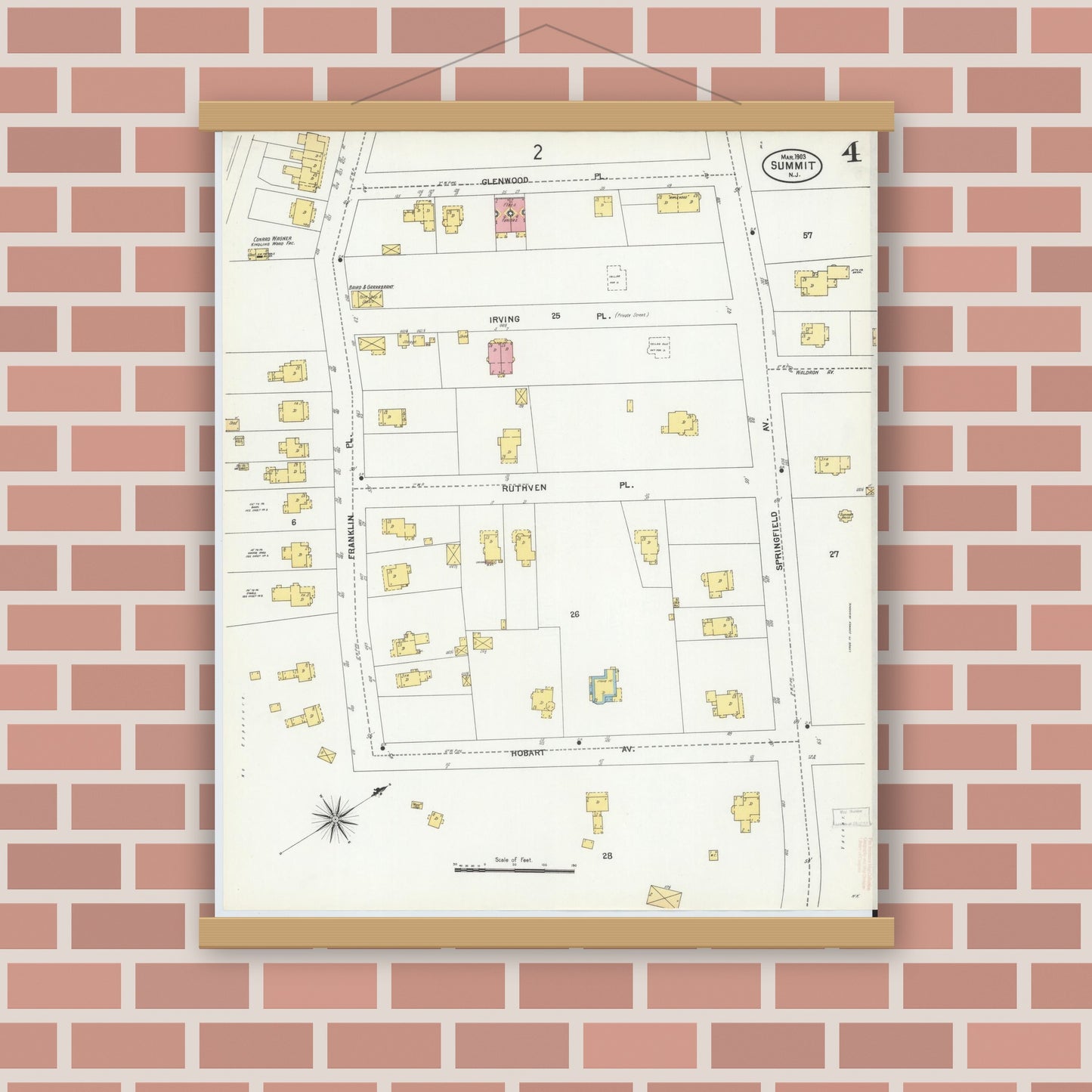 Old map wall art mockup — magnetic wood frame on brick wall — Sanborn Fire Insurance Map from Summit, Union County, New Jersey (1903), Sheet #0004