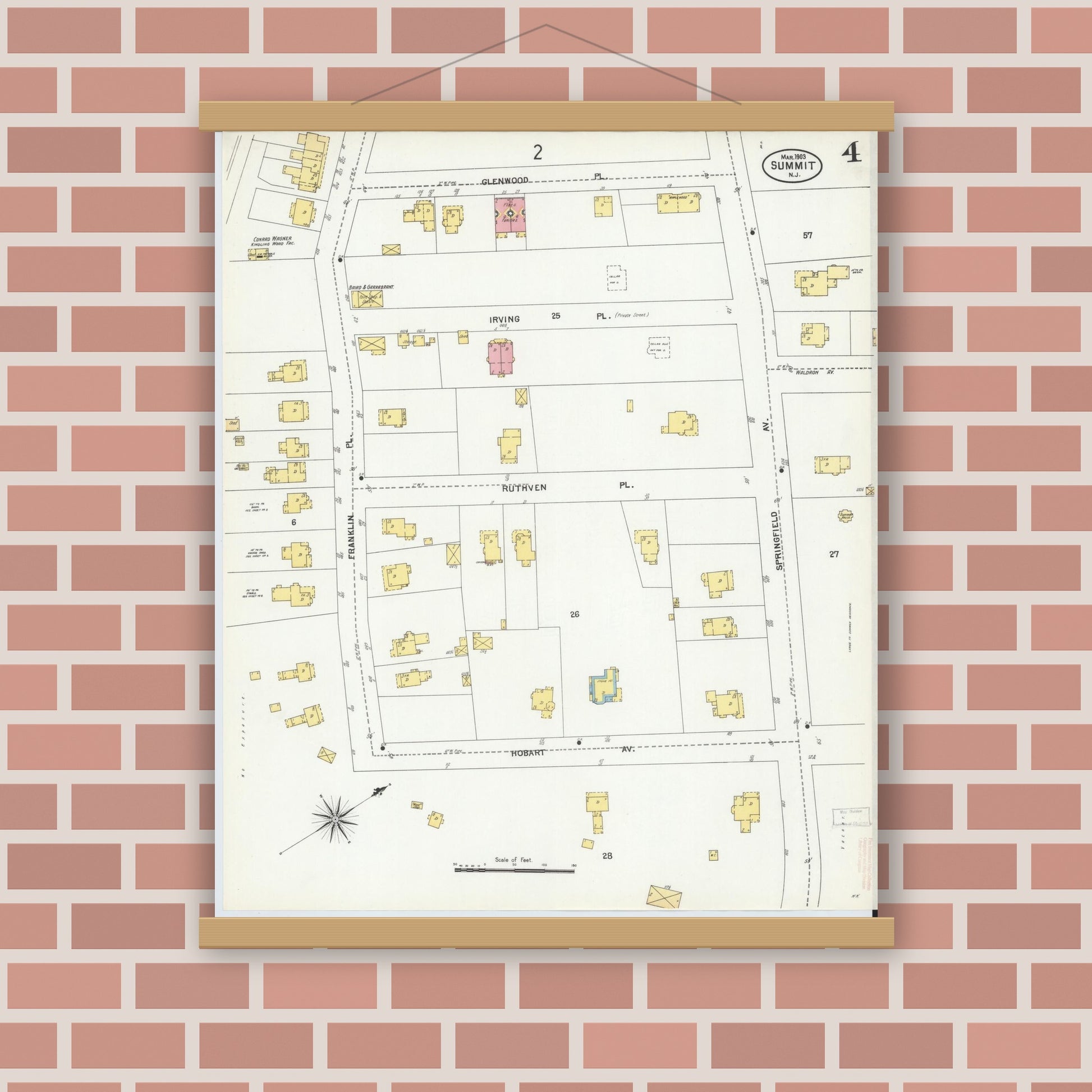 Old map wall art mockup — magnetic wood frame on brick wall — Sanborn Fire Insurance Map from Summit, Union County, New Jersey (1903), Sheet #0004