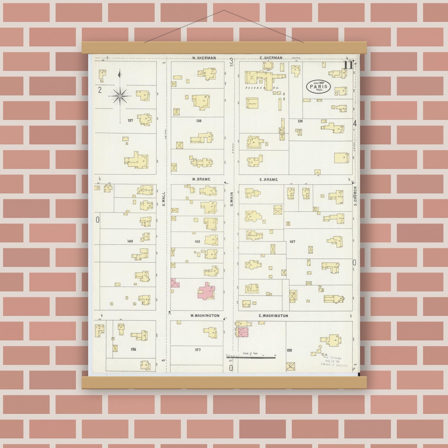 Old map wall art mockup — magnetic wood frame on brick wall — Sanborn Fire Insurance Map from Paris, Lamar County, Texas (1897), Sheet #0011