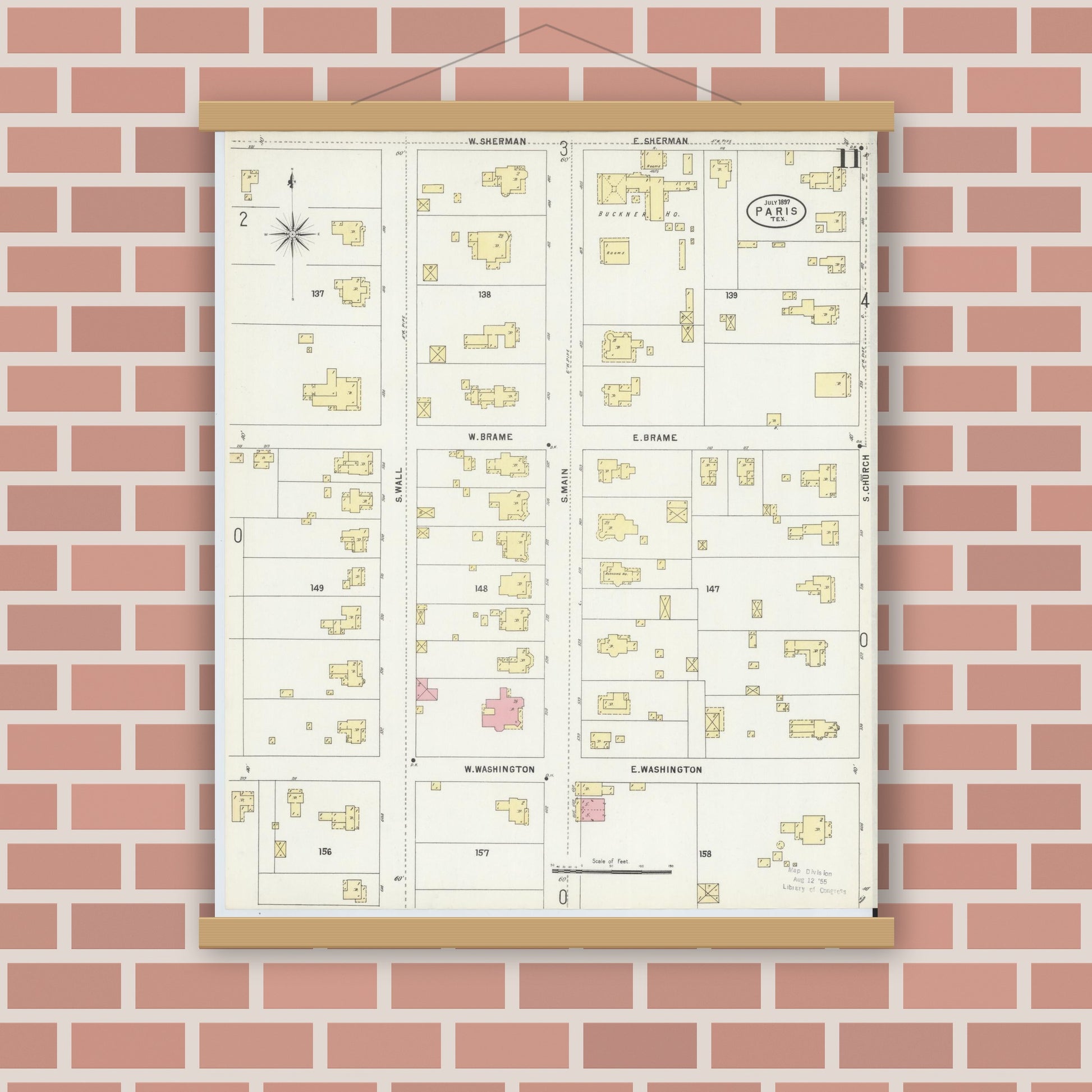 Old map wall art mockup — magnetic wood frame on brick wall — Sanborn Fire Insurance Map from Paris, Lamar County, Texas (1897), Sheet #0011