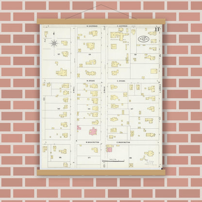 Old map wall art mockup — magnetic wood frame on brick wall — Sanborn Fire Insurance Map from Paris, Lamar County, Texas (1897), Sheet #0011