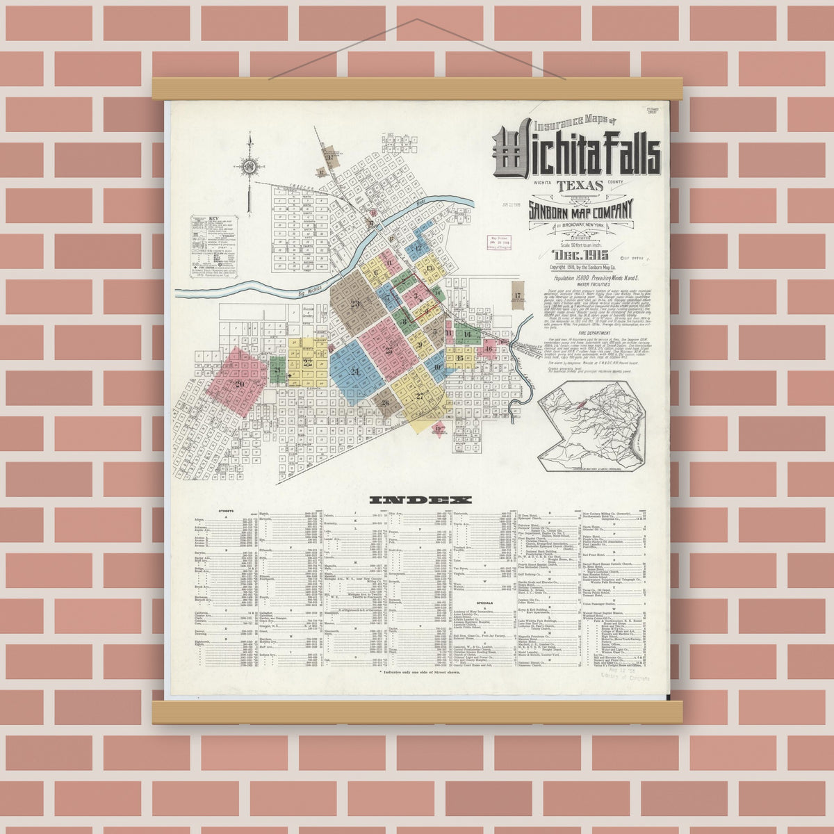 Old map wall art mockup — magnetic wood frame on brick wall — Sanborn Fire Insurance Map from Wichita Falls, Wichita County, Texas (1915) - Complete Map Set