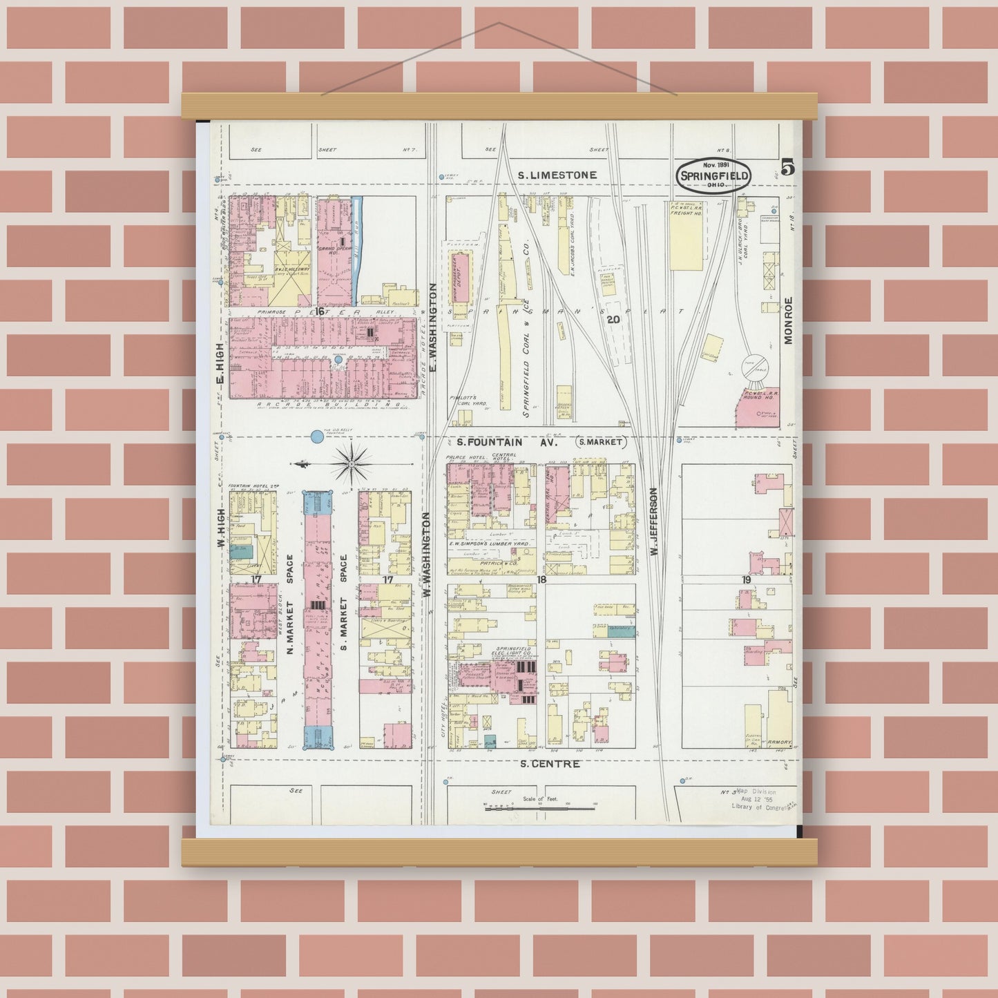 Old map wall art mockup — magnetic wood frame on brick wall — Sanborn Fire Insurance Map from Springfield, Clark County, Ohio (1891), Sheet #0005