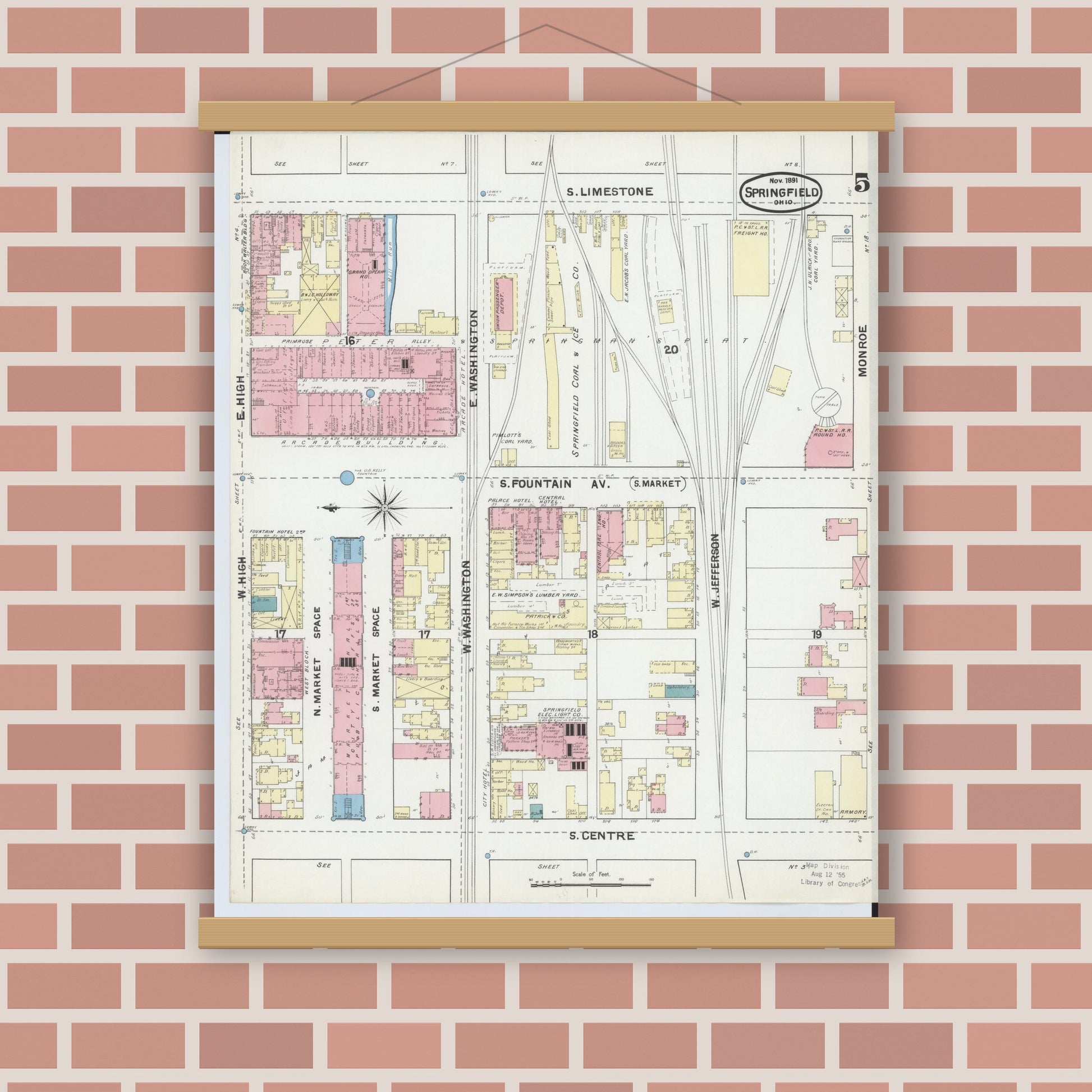 Old map wall art mockup — magnetic wood frame on brick wall — Sanborn Fire Insurance Map from Springfield, Clark County, Ohio (1891), Sheet #0005