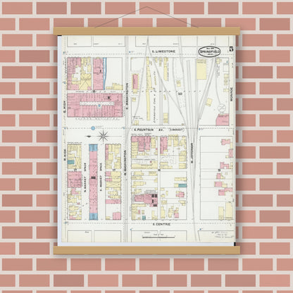 Old map wall art mockup — magnetic wood frame on brick wall — Sanborn Fire Insurance Map from Springfield, Clark County, Ohio (1891), Sheet #0005