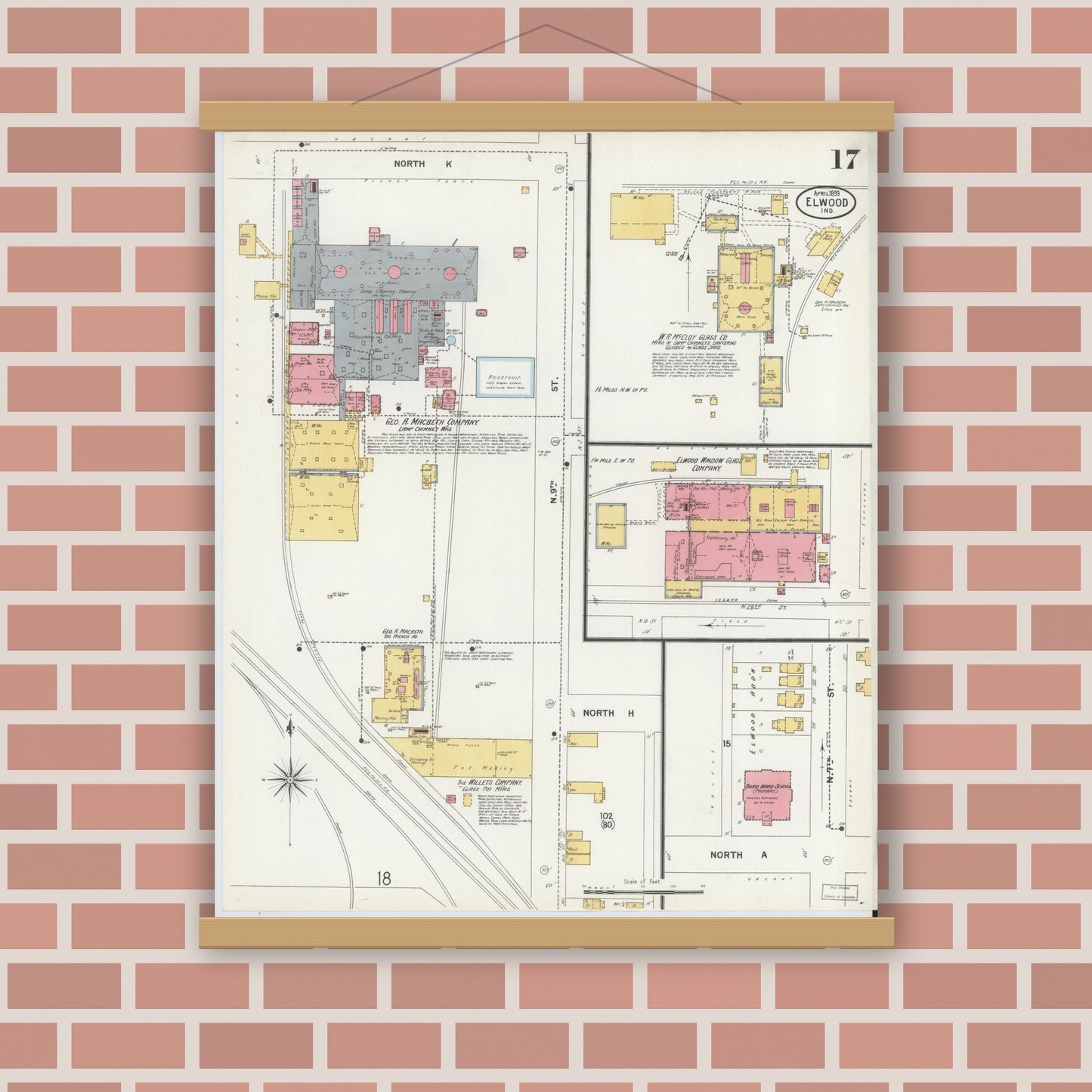 Old map wall art mockup — magnetic wood frame on brick wall — Sanborn Fire Insurance Map from Elwood, Madison County, Indiana (1899), Sheet #0017