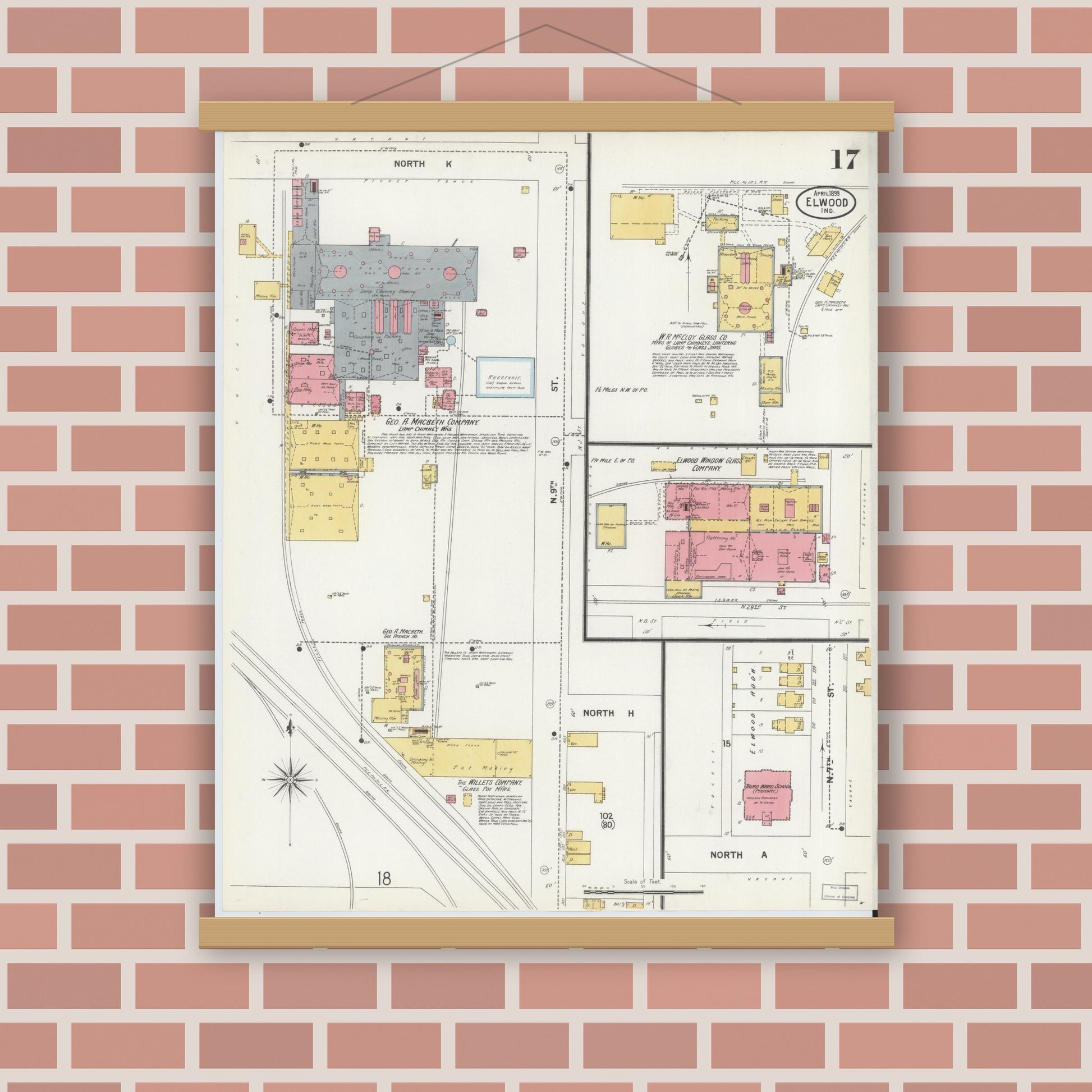 Old map wall art mockup — magnetic wood frame on brick wall — Sanborn Fire Insurance Map from Elwood, Madison County, Indiana (1899), Sheet #0017