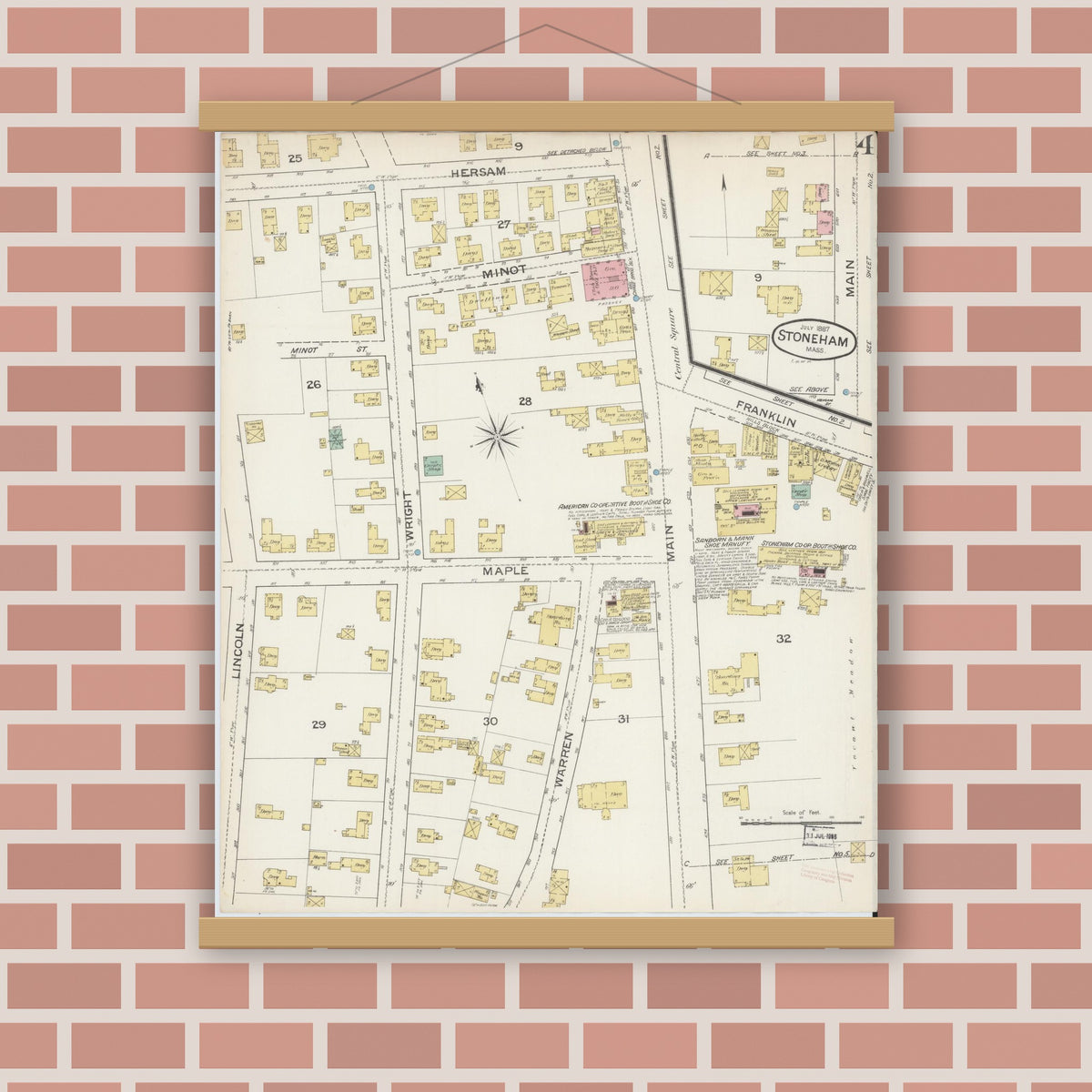Old map wall art mockup — magnetic wood frame on brick wall — Sanborn Fire Insurance Map from Stoneham, Middlesex County, Massachusetts (1887), Sheet #0004