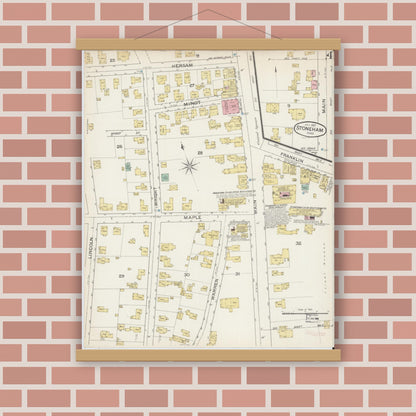Old map wall art mockup — magnetic wood frame on brick wall — Sanborn Fire Insurance Map from Stoneham, Middlesex County, Massachusetts (1887), Sheet #0004