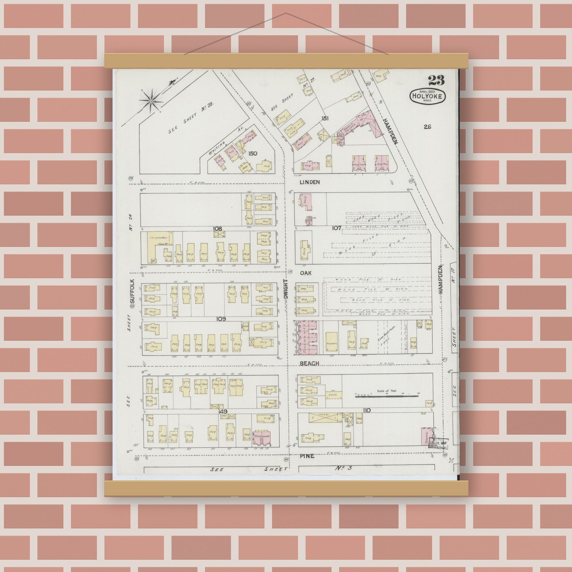 Old map wall art mockup — magnetic wood frame on brick wall — Sanborn Fire Insurance Map from Holyoke, Hampden County, Massachusetts (1889), Sheet #0023