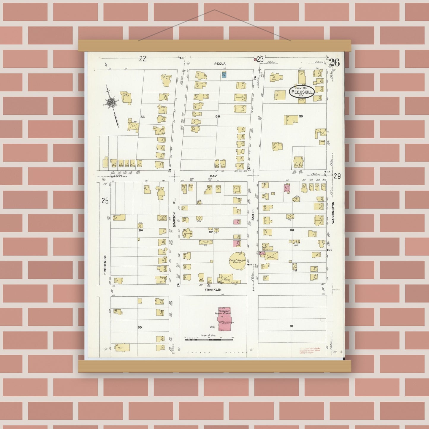Old map wall art mockup — magnetic wood frame on brick wall — Sanborn Fire Insurance Map from Peekskill, Westchester County, New York (1911), Sheet #0026