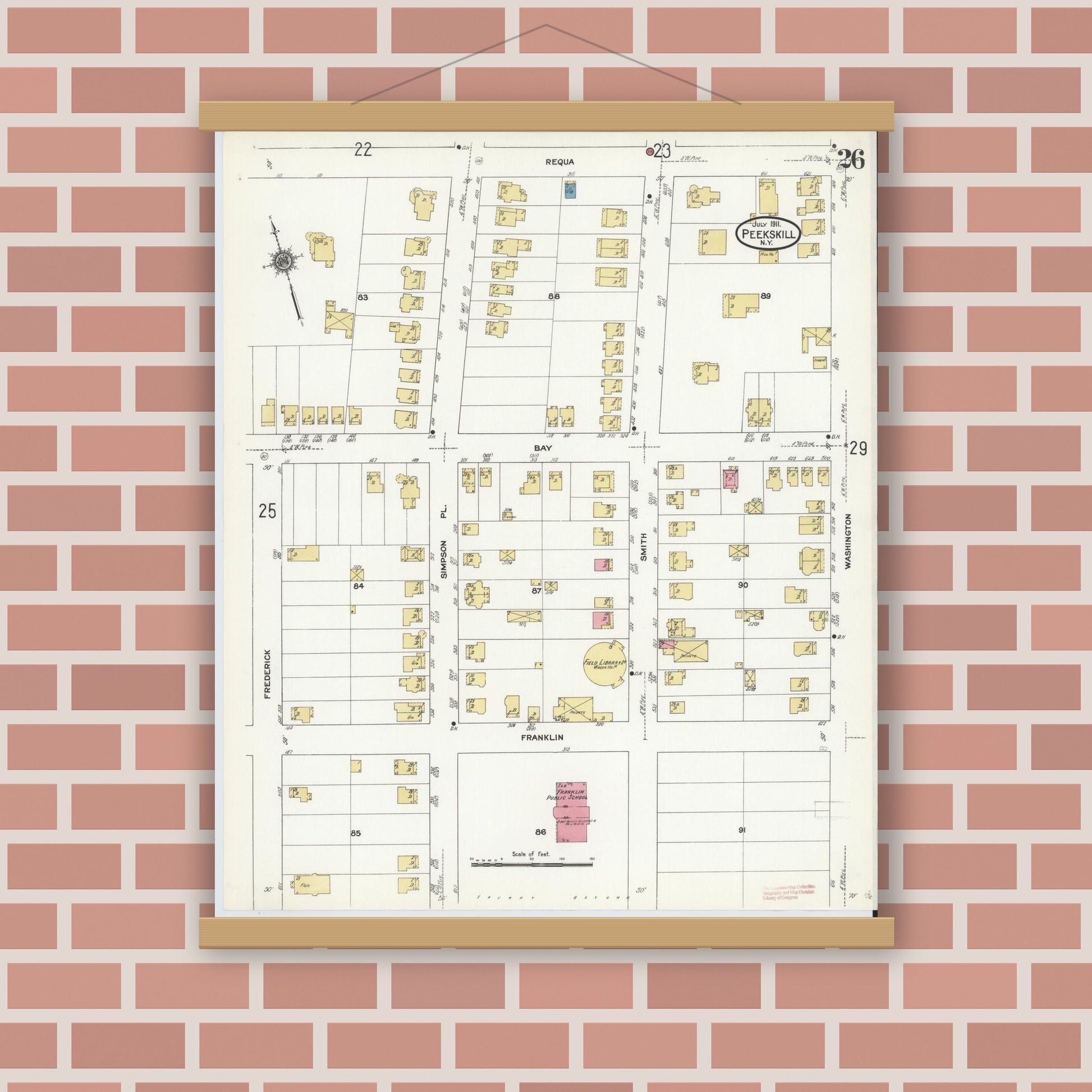 Old map wall art mockup — magnetic wood frame on brick wall — Sanborn Fire Insurance Map from Peekskill, Westchester County, New York (1911), Sheet #0026