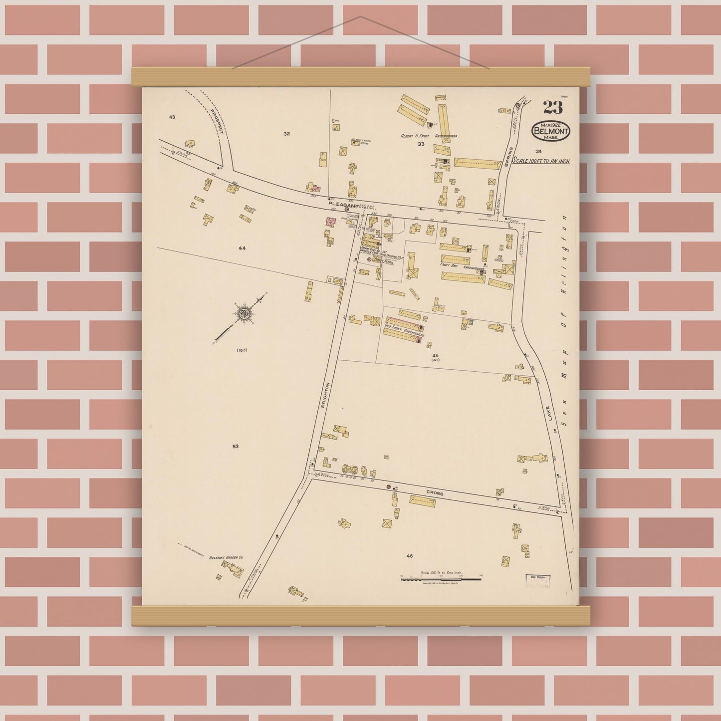 Old map wall art mockup — magnetic wood frame on brick wall — Sanborn Fire Insurance Map from Belmont, Middlesex County, Massachusetts (1922), Sheet #0023