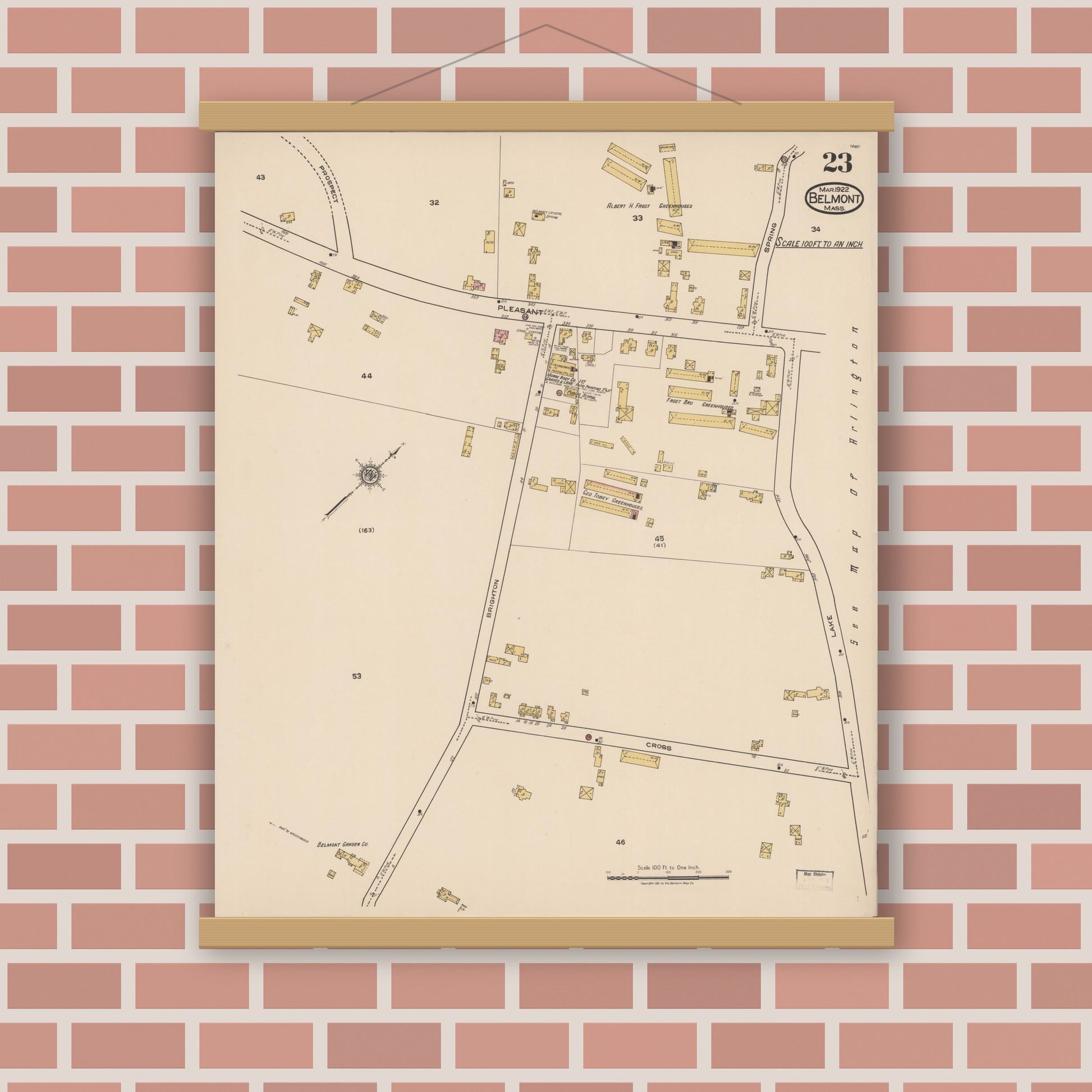 Old map wall art mockup — magnetic wood frame on brick wall — Sanborn Fire Insurance Map from Belmont, Middlesex County, Massachusetts (1922), Sheet #0023