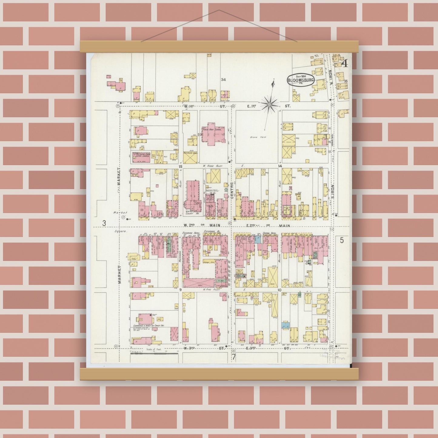 Old map wall art mockup — magnetic wood frame on brick wall — Sanborn Fire Insurance Map from Bloomsburg, Columbia County, Pennsylvania (1896), Sheet #0004