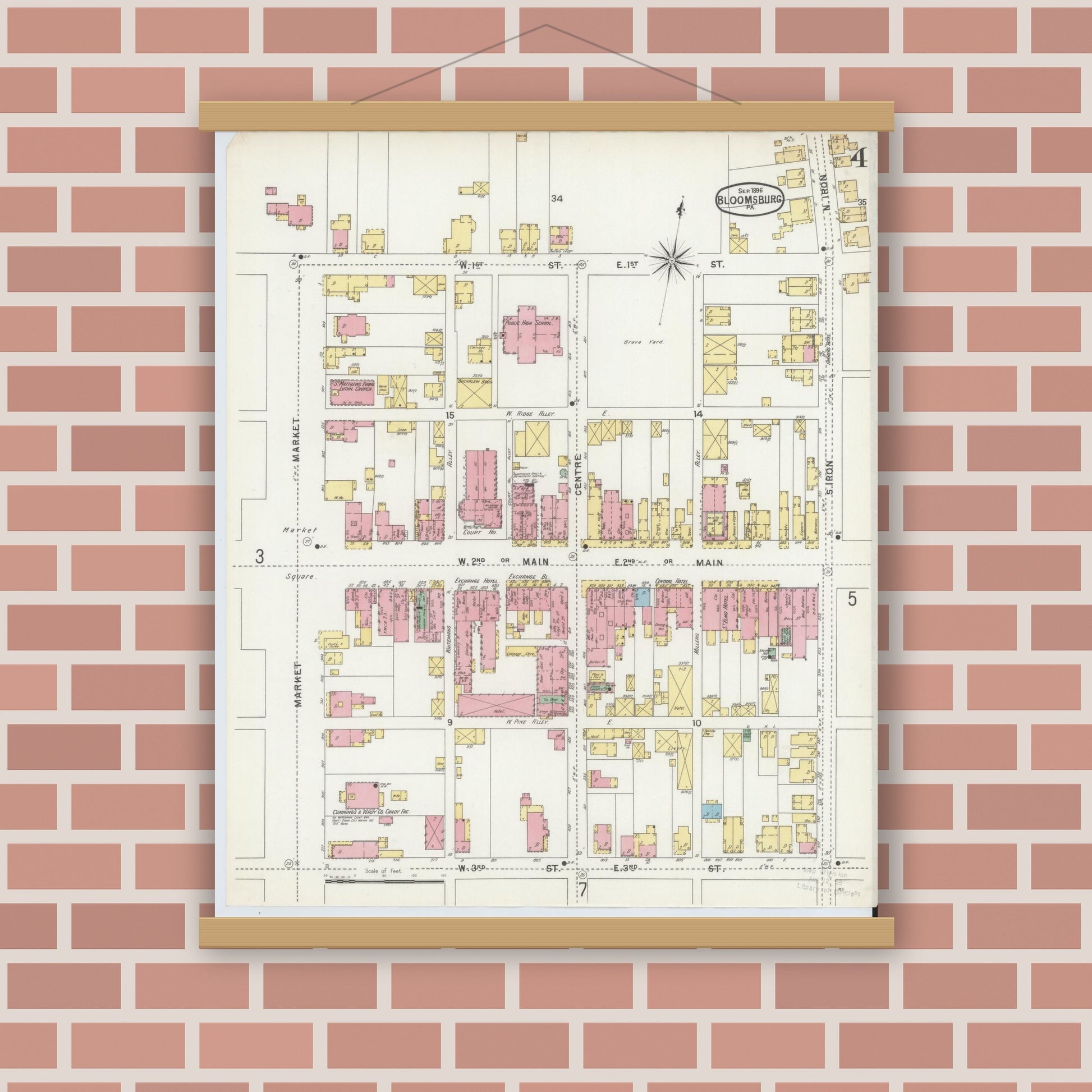 Old map wall art mockup — magnetic wood frame on brick wall — Sanborn Fire Insurance Map from Bloomsburg, Columbia County, Pennsylvania (1896), Sheet #0004