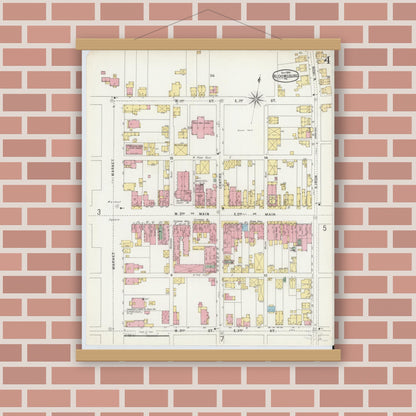 Old map wall art mockup — magnetic wood frame on brick wall — Sanborn Fire Insurance Map from Bloomsburg, Columbia County, Pennsylvania (1896), Sheet #0004