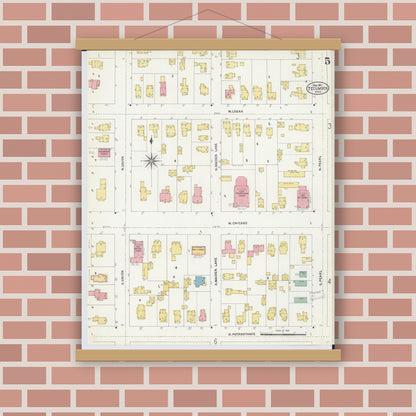 Old map wall art mockup — magnetic wood frame on brick wall — Sanborn Fire Insurance Map from Tecumseh, Lenawee County, Michigan (1907), Sheet #0005