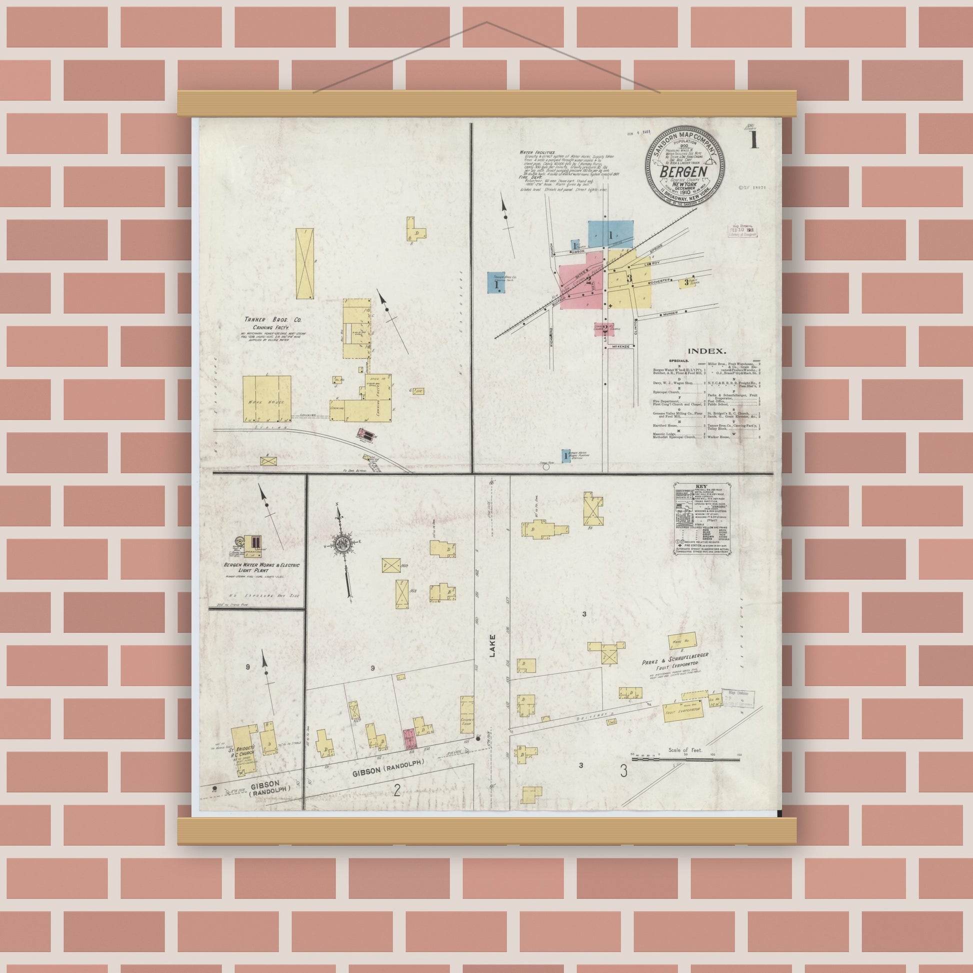 Old map wall art mockup — magnetic wood frame on brick wall — Sanborn Fire Insurance Map from Bergen, Genesee County, New York (1910), Sheet #0001